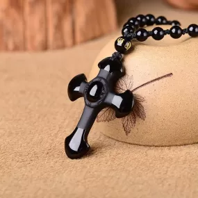 Carved Obsidian Cross Necklace