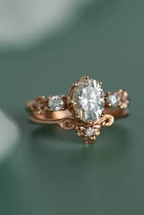 Oval lab grown diamond bridal ring set, floral rose gold engagement ring with diamonds  / Fiorella