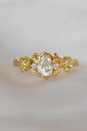 READY TO SHIP: Adelina in 18K yellow gold, natural pear cut moonstone 7x5 mm, moissanites, RING SIZE 8 US