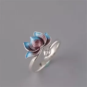 Vintage Silver Plated Blue Lotus Flower Ring